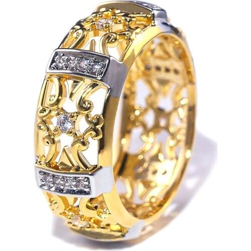 USTAR Vintage Retro Hollow Flower gold rings for women Shiny Cubic Zirconia Carving Finger engagement rings female jewelry anel