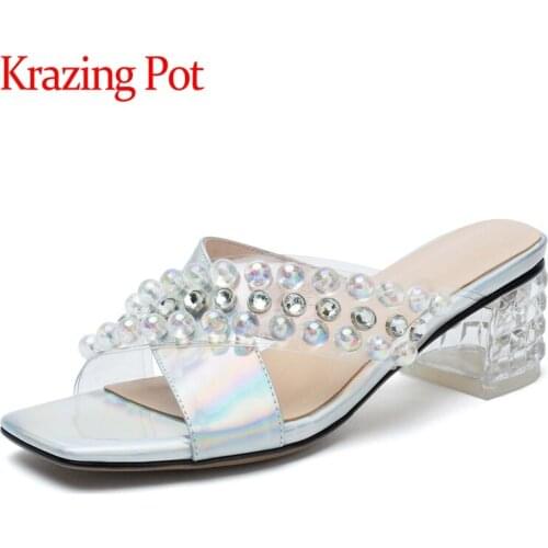 Krazing pot large size square toe med heels crystal heel diamond open toe fairly high street fashion slip on women sandals L6f5