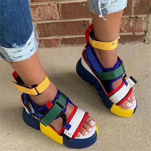 Women sandals PU Buckle Strap Wedges Round Toe Shallow women shoes sandalias mujer 2020 size 35-42 blue rose Red purple