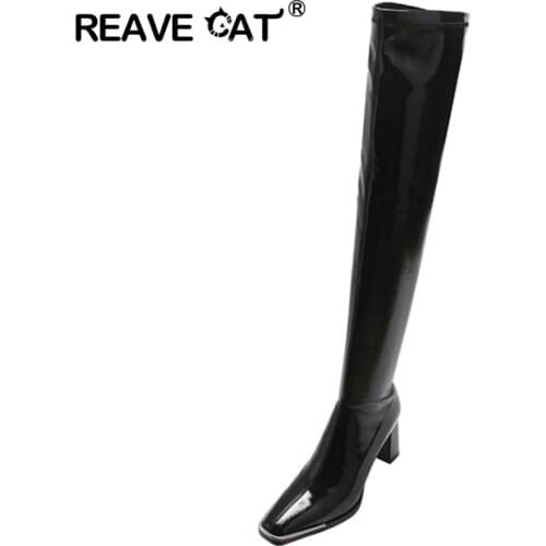 REAVE CAT Shoes women Genuine leather Female Over the knee boots Patent leather Square toe Fashion Sexy Zipper High quality Cool