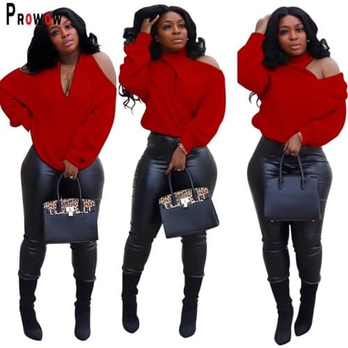 Prowow Sexy Women Sweater V-neck Shoulderless Knitted Tops Clothes for Lady Solid Color Spring Fall Female Pullovers Outerwear