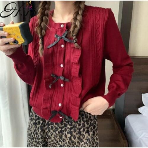 H.sa Winter Sweater Womens Knit Coat Ruffled Bow Knitted Cardigan vetement femme Twisted Long Sleeve Tops 2021 knit cardigan