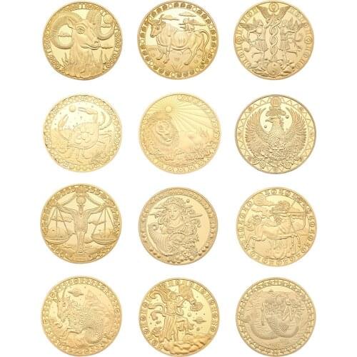 12 Constellation Top Selling Gold Plated Physical Commemorative Coin Stainless Steel Material Collectible ewelry Pendant Gift