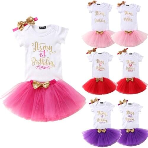 Toddler Baby Girls Birthday Party Set Short Sleeve Letter Print White Romper Tops Lace Solid Bow Tutu Skirts Headband 3PCS