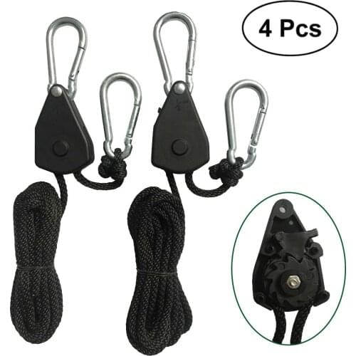4pcs 1/8 Inch Pulley Heavy Duty Adjustable Hanging Rope Ratchet Lights Rope Hanger for Grow Light Fixtures Gardening