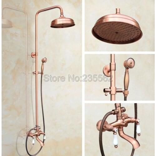 Bathroom Wall Mounted With Slide Bar Rain Shower Faucet Set Antique Red Copper Finish Tub Mixer Tap Dual Ceramic Handle lrg571