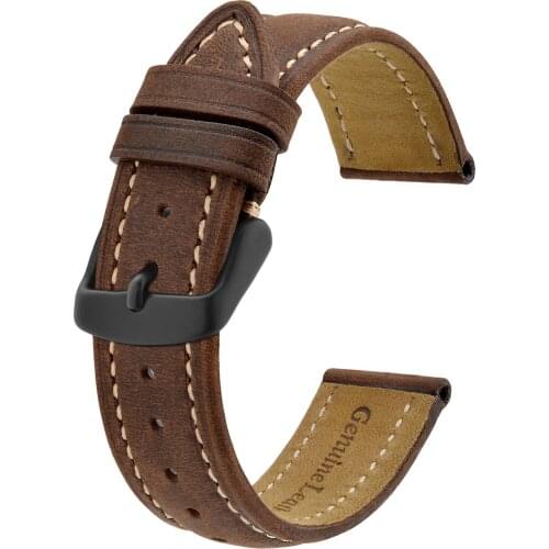 Anbeer Retro Watchband 18mm 20mm 22mm with Black Buckle, Vintage Leather Replacement Strap for Men and Women