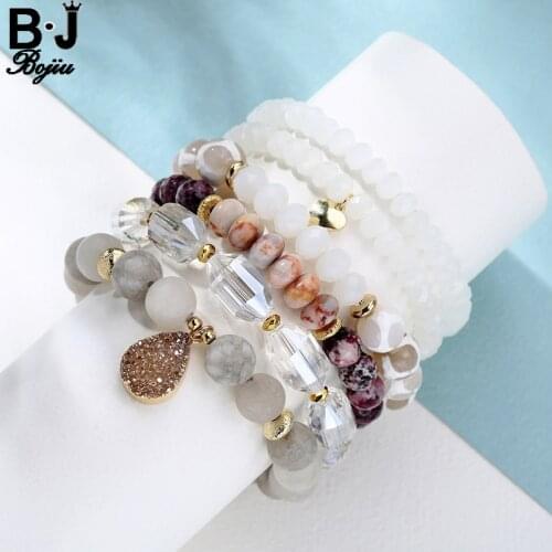 Bojiu Charm Bracelet White Tibetan River Stone Bead Long Crystal Roll Matte Grey with Champagne Druzy Pear Pendant Women BCSET38