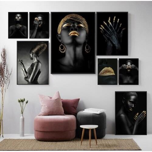 Canvas Print Picture Wall Art Black Lady Gold Lips Paintings Home Decoration Model Cool Module Poster For Living Room No Frame