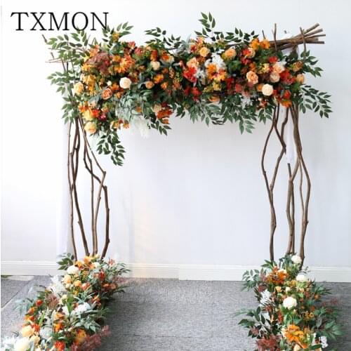 Wedding arch orange autumn artificial floral wedding decoration flower row pre-function area stage background floral decoration