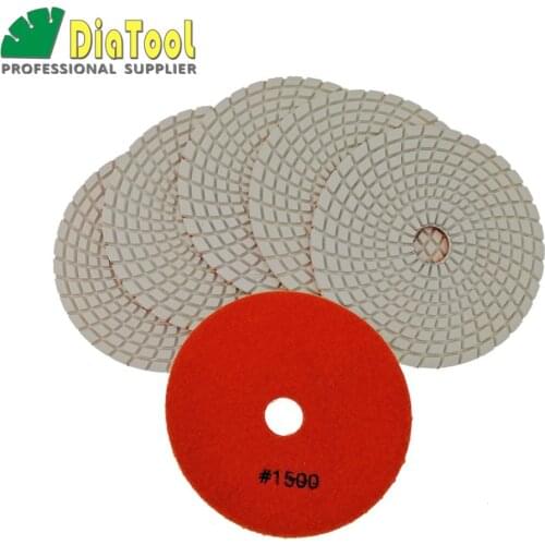 DIATOOL 6pcs 125MM #1500 Diamond Flexible Wet Polishing Pad For Stone, White Bond, Spiral Type Diameter 5 inch