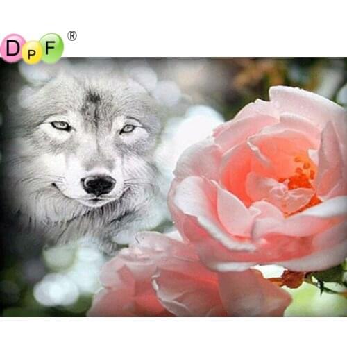 DPF Pink flowers and wolve5D crafts diamond painting cross stitch needlework diamond mosaic square home decor diamond embroidery