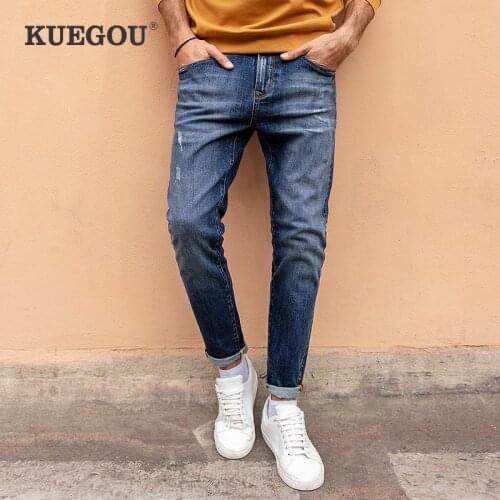 KUEGOU Cotton Autumn Spring Clothing Men Jeans Scratched Wear Slim Fashion Trousers Stretchy Denim Moustache Effect LK-1837