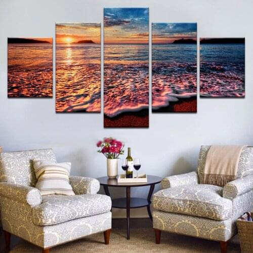 Canvas HD Print Frame Modern Modular 5 Pieces Picture Home Decor Seascape Wave Red Cloud Sunset Landscape For Living Room Decor