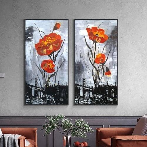 Red Flowers Grow Over Buildings To The Sky Picture 100% Hand Painted Oil Painting On Canvas Decorative Wall Art For Living Room