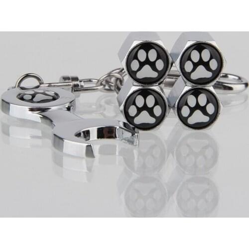 Cat Paw Print Wrench Car Key Chain Ring with 4pcs Car Tire Wheel Valve Caps Bike Motor Acceossories for Chevrolet for Opel Astra