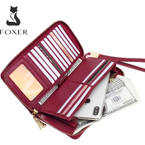 FOXER Women Cow Leather Wallet Female Long Clutch Bags with Wristlet Lady Card Holder Wallets Coin Purse Cellphone Bag 256001F