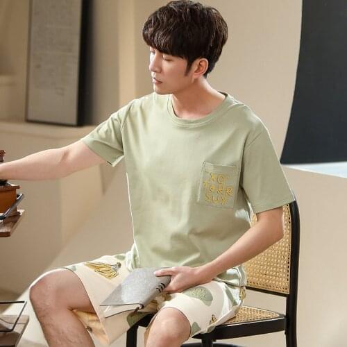 Summer Mens Pajamas Set Plus Size Freshing Green Short Sleeve Sleepwear Fashion Banana Shorts Nightwear Cotton O-Neck Homewear