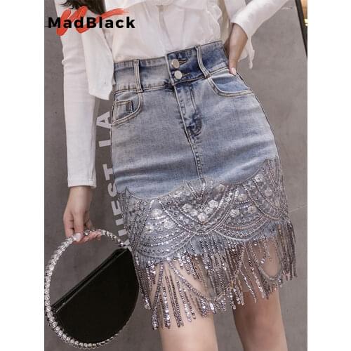 Summer Korean Sexy Women Denim Mini Skirts High Waist Blue Package Hip Jeans Fashion Beading Tassel SKirt New Hot 2021 B05601