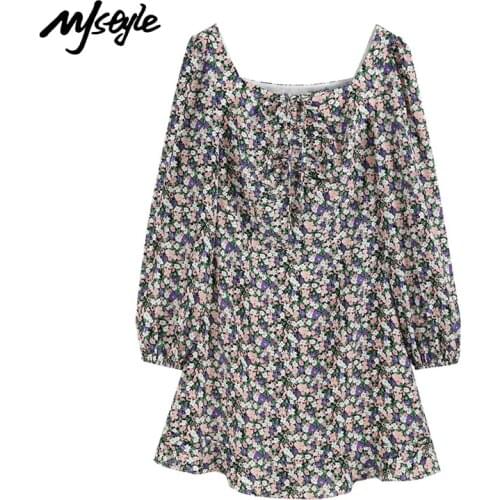 MJstyle 2021 Spring New Prairie Chic French Fashion Square Collar Floral Long Sleeve Dress, Summer Vintage Dress Women 521060027