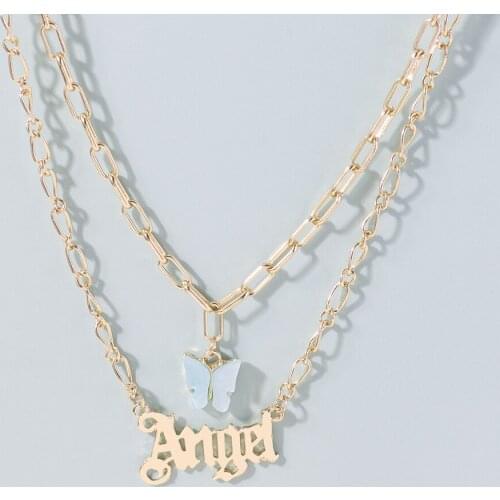 Fashion Acrylic Butterfly Old English Font Pendants Necklace Double Layer Acetic Acid Angel Necklaces Choker Statement Jewelry