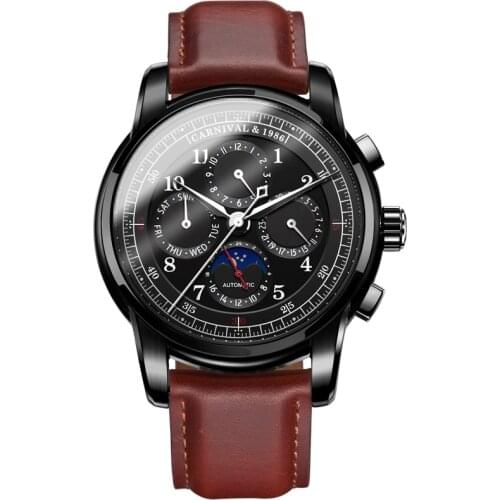 Carnival Men Automatic Watch Date Day Moon Phase Week 24hours Mechanical Watch Luxury Gift Multifunction Business Watch