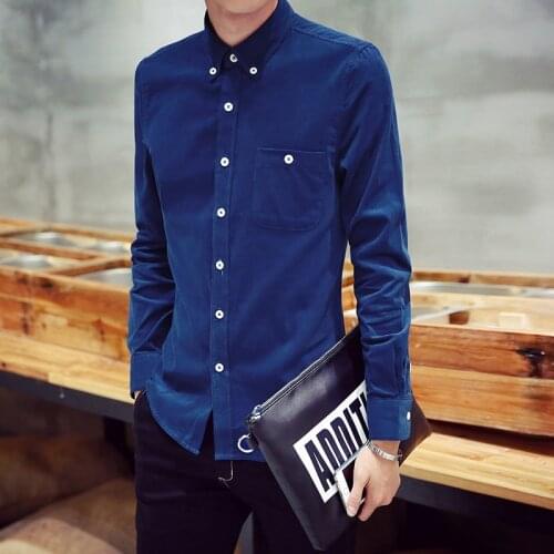 Mens Shirts Mens Fashion Long-sleeved Solid color Shirts Corduroy Shirts Men Casual Turn-Down Collar Shirts Male Clothes