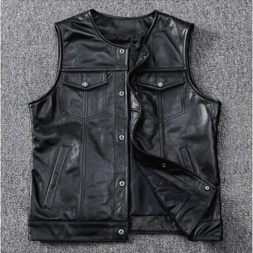 SOA Motorcycle Biker Leather Collarless Vest Mens Genuine Leather Sleeveless Jackets Short Black Button Cowhide Waistcoat