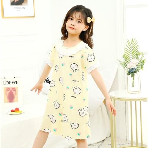 New Kids Girls Nightgown Summer O-neck Lace Night Dress Cotton Nightdress Cartoon Rabbit Cats Baby Clothes Childrens Pajamas