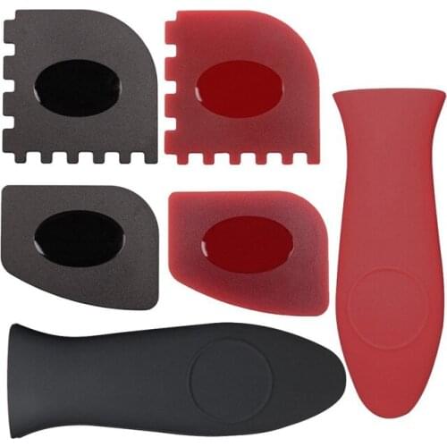 SHGO HOT-6 Piece Durable Grill Pan Scraper Plastic Set Tool and Silicone Hot Handle Holder for Cast Iron Skillets, Frying Pans a