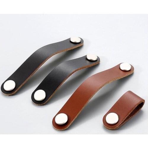 3.78'' 5'' Zinc Alloy + Leather Nordic Cowhide Drawer Handles Pulls Black Knob for Cabinet and Wardrobe Children Pull Handle