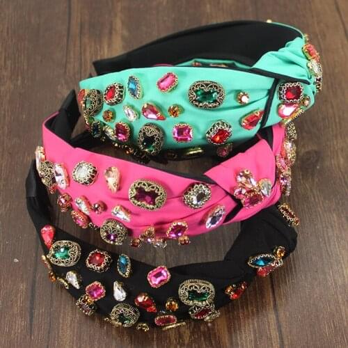 Vintage Thick Fabric With Colorful Crystal Headband Rhinestone Knotted Hairband Knot Headband Hair Accessories Hair Jewelry