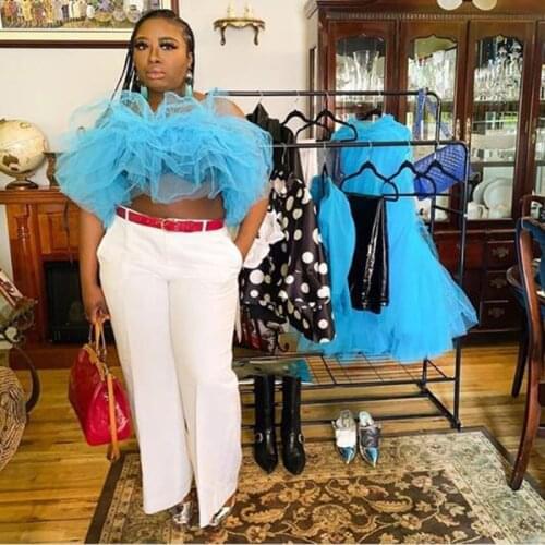 High Quality Blue Summer Women Short Ruffle Tulle Blouse Top Casual Puffy Tulle Short Blouse Formal Party Tops Custom Made