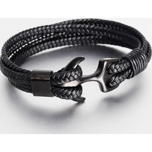 High Quality Mens Titanium Steel Bracelet Black Personality Leather Woven Anchor Leather Bracelet Rope Bracelets For Men Gift
