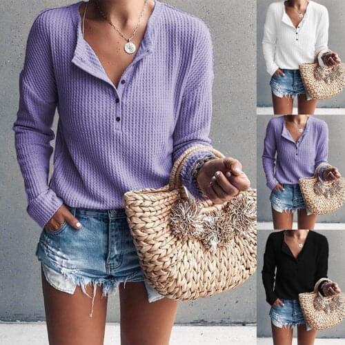 Womens High Street Blouse Top Fashion Casual V-neck Shirt Solid Color Sexy Design Trumpet Long-Sleeved Button Elegant Shirt