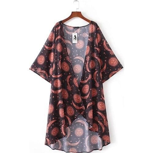 ISHOWTIENDA Women Floral Printed Long Blouse Loose Shawl Kimono Cardigan Boho Beach Cover up Shirt Outwear blusa mujer feminino