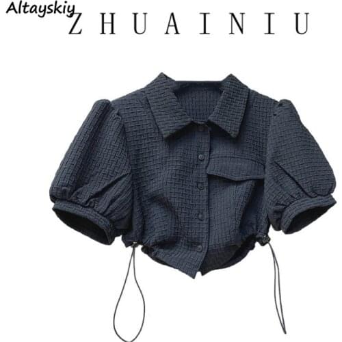 French Style High Waist Shirts Women Puff Sleeve Crop Top Lace Up Design High-street Elegant Fashion Vintage Solid White Black