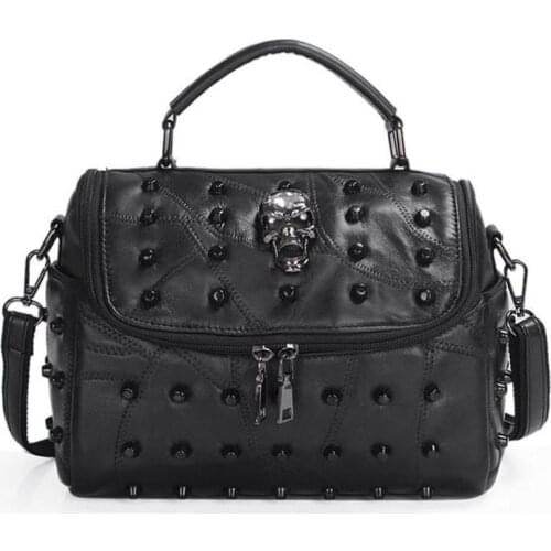 Women Split Sheep Leather Messenger Rivet Skull Tote Handbag Travel Crossbody Satchel Purse Top Handle Bags
