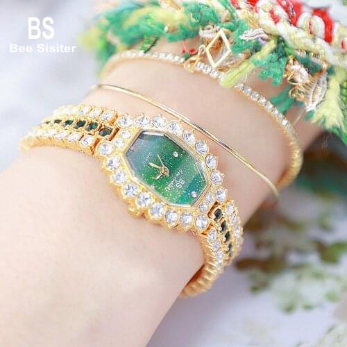 Bee Sister Women Watches Shining Square Dial Style Dress Full Blue Diamond Mosaic Waterproof Ladies Wristwatches FA1581