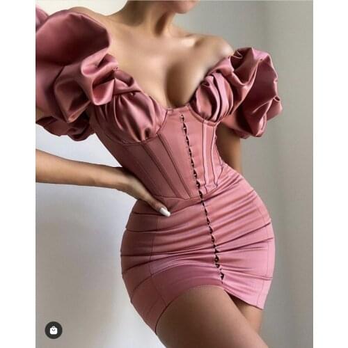 Women Spring Style Sexy V Neck Pink Ruffles Bodycon Lady Corset Dress 2021 Designer Fashion Evening Party Club Dress Vestido