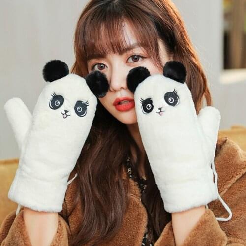 Women Winter Fuzzy Fluffy Plush Full Finger Gloves with String Cartoon Panda Rabbit Embroidery Thermal Warm Mittens