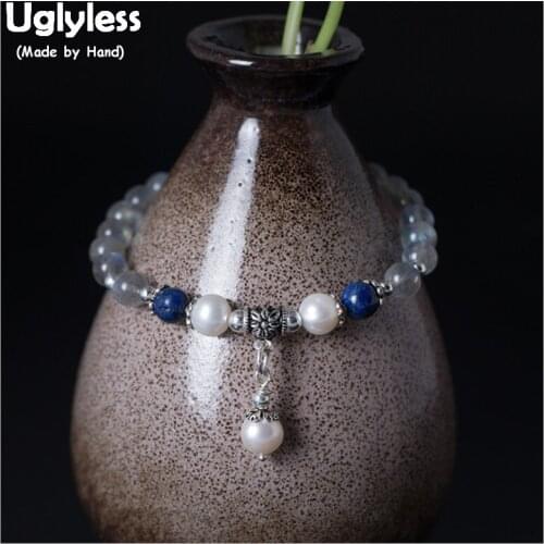 Uglyless Real 925 Sterling Silver Charms Bracelets for Women Natural Pearls Tassel Bracelet Moonstones Beading Elastic Bangle