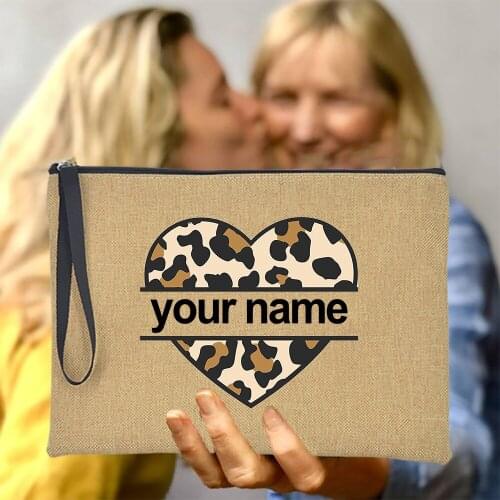 Personalized Clutch Bag For Women Leopard Heart Printed Pencil Case Custom Name Makeup Pouch Customizable Best Gifts for Ladies