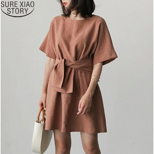 Lace Up High Waist Short Sleeve Summer Dress 2021 Solid Cotton Dress Women Vintage Korean Loose O-neck Party Mini Dresses 9865