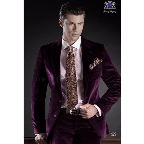 2017 Latest Coat Pant Designs Italian Purple Velvet Men Suit Groom Tuxedo Prom Blazer Style Suits Jacket Pant 2 Pieces Masculino