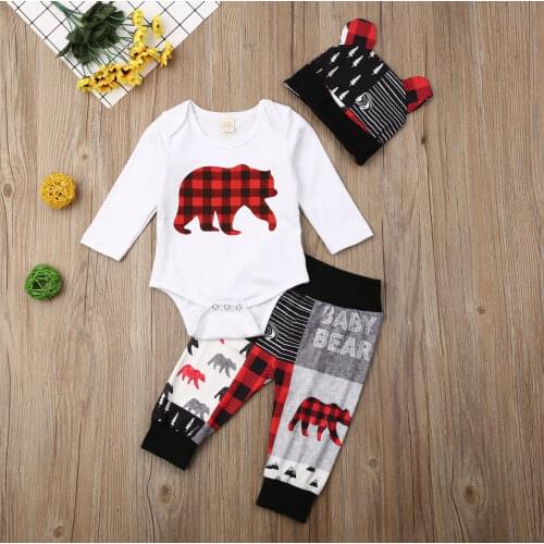3PCS Set Newborn Baby Boy Girl Long Sleeve Bear Cotton Bodysuit Tops Long Pant Trouser Hat Outfits Autumn Clothes ropa de bebe