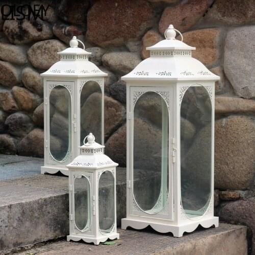 White Large Lantern Candle Holders Wedding Centerpieces Courtyard Bougeoir Retro Iron Wind Lamp Candlestick Moroccan Decor 2021