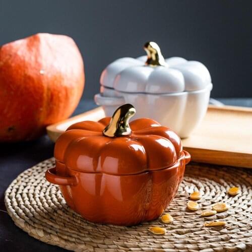Pumpkin Shape Baking Bowl With Lid Glaze Au Gratin Soup Salad Bowl Kitchen Bakeware Oven Christmas Halloween Baking Pan Supplies