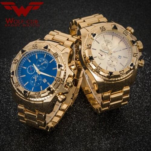 JAPAN Movement Gold Watches Mens Relogios Subaqua Masculino Wristwatch Luxury Brand Quartz Watch (Color: Gold, Blue)WOLF-CUB