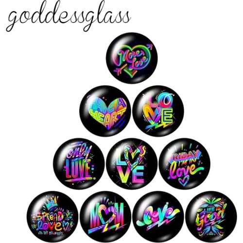 Black style Colorful Hearts Love 10pcs 12mm/18mm/20mm/25mm/30mm Round photo glass cabochon demo flat back Making findings